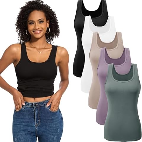TVKSOM 5 Pack Tank Tops for Women Scoop Neck Sleeveless Undershirt Casual Basic Fitted Stretchy Tank Top Under Shirts Cover