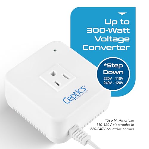 Image of Ceptics 300 Watt Step Down Voltage Converter - Converts 220V /240V to 110V /120V - Perfect for Hair Straighteners, Laptops, and Chargers - CE Certified Travel Converter