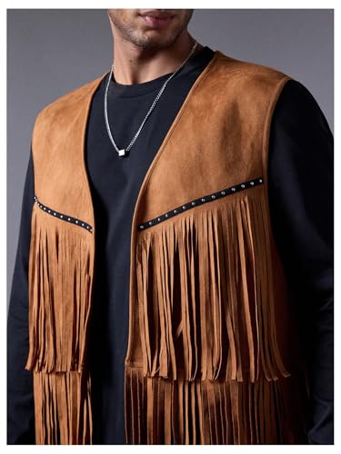 OYOANGLE Men's Casual Suede Top Shirt Boho Fringe Trim Open Front Sleeveless Vest Jacket Waistcoat4