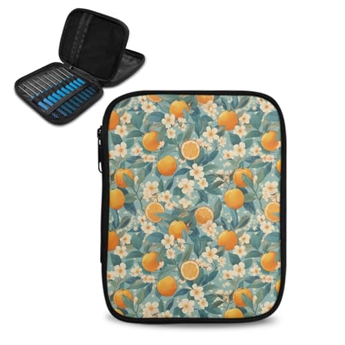 Hechitok Lemon Floral Crochet Hook Case with Zipper and Web Pockets for Crochet Needles/Knitting Accessories Lightweight Organizer Bag for Crochet Hook Kit Tools