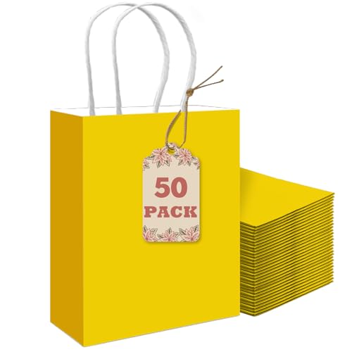 Gcardist 50 pezzi Sacchetti regalo luminosi in carta gialla con manici – 21,1 cm × 15,2 cm × 8 cm – Sacchettini per feste di piccole dimensioni per molteplici usi