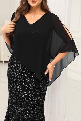 Plus Size Formal Dress - Evening Sequin Lace Long Mermaid Prom Dress with Chiffon Overlay Cape3