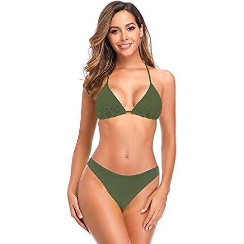 SHEKINI Mujer Bañador de Dos Piezas Elegante Halter Ajustable Pliegues Clásico Triángulo Shirring Bikini Top Traje de Baño Dos Piezas Cintura Baja Bikini Bottoms Cover