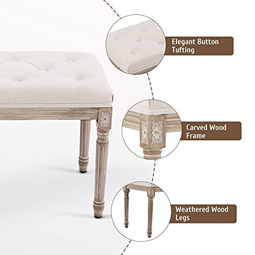 Vonluce Extra-Long French Vintage Bench With Padded Seat & Rubberwood Legs, 47" Upholstered Entryway Bench & Dining Bench, Tufted Fabric End Of Bed Bench For Bedroom Living Room Hallway More, Beige #TOP4