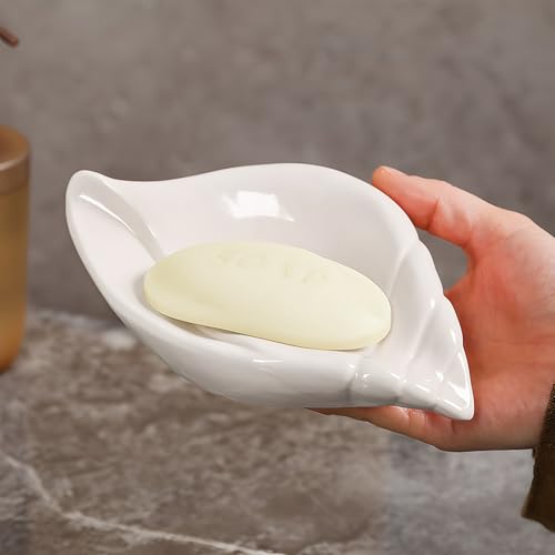 TIWPAJS Jabonera de cerámica con desagüe, jabonera, ahorro de jabón, decoración de baño de ducha, color blanco