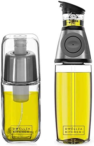 Dwellza Kitchen Olive Oil Dispenser Bottle And Olive Oil Spray Bottle For Cooking Set Olive Oil Sprayer Mister 6 Oz And Glass Oil Bottle 17 Oz With Measuring Pump Drip Free Stainless