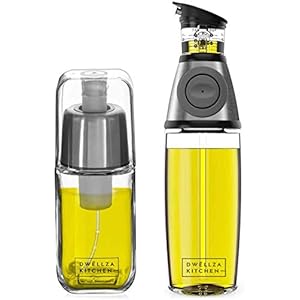 DWËLLZA KITCHEN Olive Oil Dispenser Bottle & Oil Sprayer For Cooking – 2 In 1 Glass Oil Dispenser For Kitchen – 17 Oz. Cooking Oil/Syrup Dispenser With Measurements & 6 Oz. Olive Oil Spray Bottle