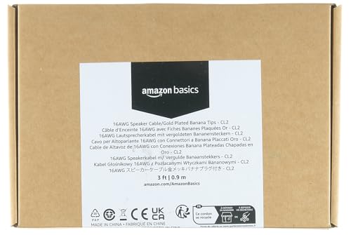 Amazon Basics Banana Plug 16AWG Speaker Cable Wire, CL2 Rated with Gold-Plated Banana-Tip Plugs (4mm), 99.9% Oxygen-Free Stranded Copper Wire, 3 foot, Black
