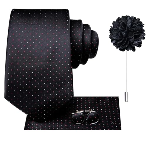 Image of Dubulle Mens Black Red Tie and Lapel Pin Woven Silk Red Dots Casual Necktie for Men Pocket Square Cufflinks Wedding Party