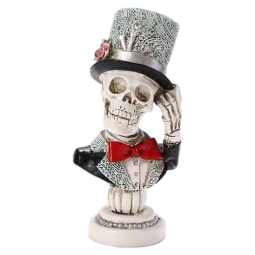 Lawnrden Büstenstatue, Halloween -Skelett, 9 -Zoll -Harz -Büstenstatue im formellen Kleid & Top -Hut, gruseliges Skelettdekor für Home Office Bar Party