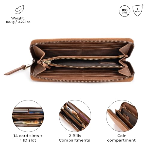 Image of BERLINER BAGS Genuine Leather Zip Wallet Women Palma, Gift Box - Brown | Soft Leather Zip Around Wallet, 14 Card Slots, 1 ID Window, 2 Bill Compartments, Zippered Coin Pocket, RFID Blocking