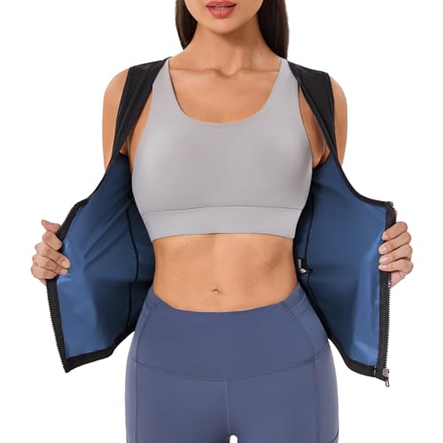 Meiosuns Sauna Suit for Women Weight Loss Sweat Vest Waist Trainer Workout Sleeveless Compression Tank Top Shaper with Zipper, Blue, 3X-Large