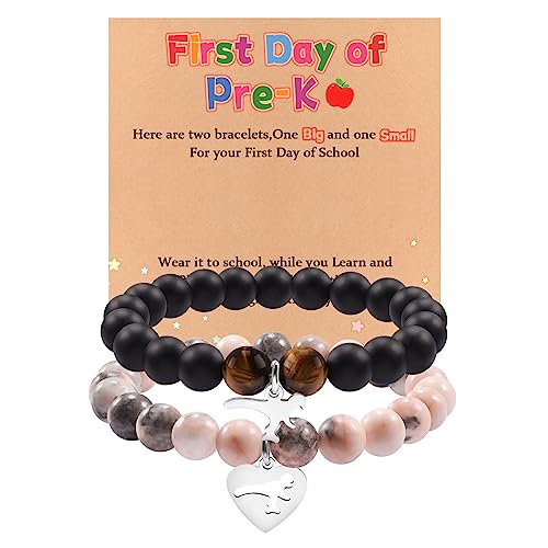 CheersLife 2 Pcs First Day of Pre-K Bracelet Gift for Mother and Son Dinosaur Bracelet Set for Women Boys Natural Stone Stretch Bracelet Back to School Gift Mommy and Me Matching Bracelet Pink &Black