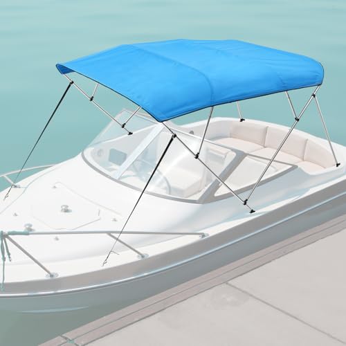 VEVOR 4 Bow Boat Bimini Tops, 600D Polyester Canopy with Aluminum Alloy Frame, Waterproof & Sun Shade Boat Awning Canopy with Storage Bag, 2 Support Poles, 4 Straps, 8'Lx(91"-96")Wx54"H, Pacific Blue by VEVOR - Used condition - US$124.92