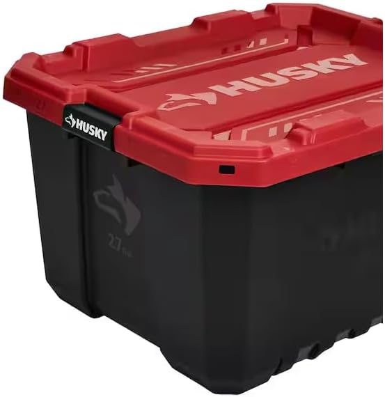 *Husky* 27 Gallon Pro Grip Storage Tote, Heavy Duty Container with Red Lid and Black Base, Stackable Utility Box