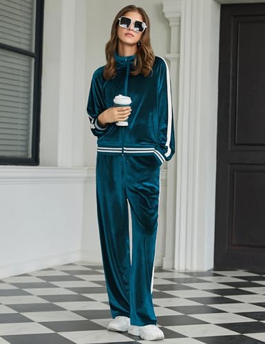 Ekouaer Women's Velvet Velor Tracksuits 2 Piece Lounge Outfits Zip Up Sweatshirt and Sweatpants with Pockets S-3XL4