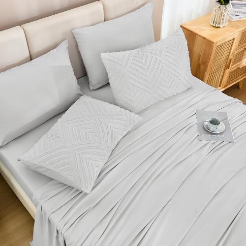 Image of Andency Light Grey Comforter Queen Size Set with Sheets - 7 Pieces Boho Bed in a Bag Tufted Bedding Sets Lightweight All Season Bed Set with Comforter, Sheets, Pillowcases & Shams