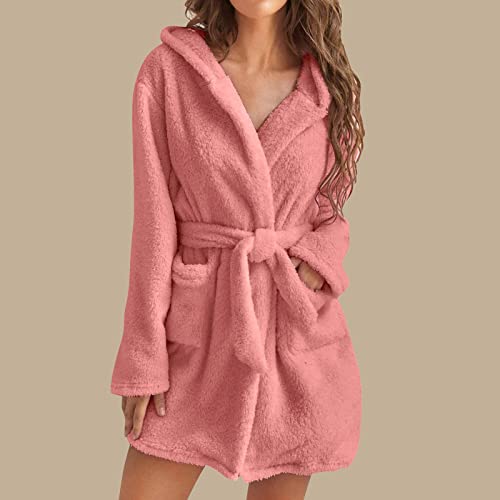 Fuzzy Robe For Women Mid Length Bathrobe Belted Solid Color Plush Kimono Robe With Pockets Soft Winter Spa Robes Pink #TOP1