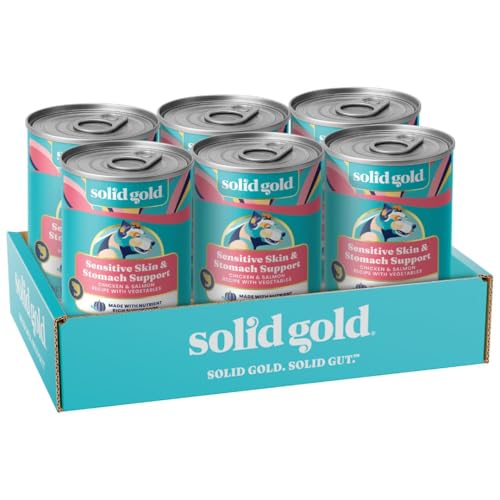 Solid Gold Sensitive Stomach Wet Dog Food for Adult & Senior Dogs - Grain Free Wet Dog Food w/Real Chicken, Salmon, Probiotics & Superfoods for Gut Health & Sensitive Stomach Support -6ct 12.5oz Cans