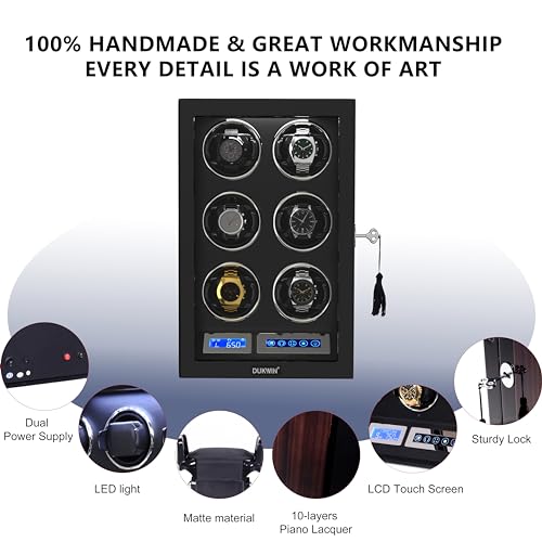 DUKWIN Automatic Watch Winder for 6/8/9/12 Watches with LCD Display，Remote Control,Watch Winder Box Case for 1/2/3/4 Watches with Dual Power Supply