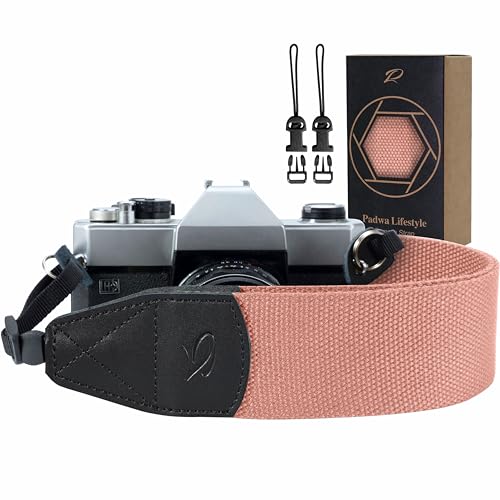 Padwa Lifestyle Pink Camera Strap - 2" Wide Cotton Woven Genuine Leather Head Camera Straps,Complimentary 2 Pcs Quick Release Clips for All DSLR/SLR Cameras, Binoculars and Drone Remote Control