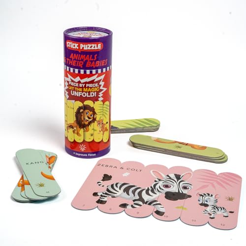 Image of THE BOOK TREE Animals & Their Babies Stick Puzzle | 24pcs Double-Sided Cardboard Puzzles | 8 Animal & Their Puzzles for Learning & Play | Enhances Focus & Creativity | Ideal for Ages 3+
