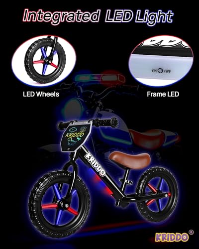 Image of KRIDDO Toddler Balance Bike 2 Years Old, 12-Inch Colorful Lighting-Up Push Bicycle with LCD Writing Tablet, Steady Balancing, Gift Bike for 2-5 Boys Girls, LED-Black
