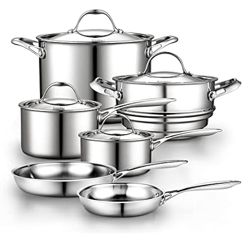 Cooks Standard Stainless Steel Kitchen Cookware Sets 10-Piece, Multi-Ply Full Clad Pots and Pans Cooking Set with Stay-Cool Handles, Dishwasher Safe, Oven Safe 500°F, Silver Cover