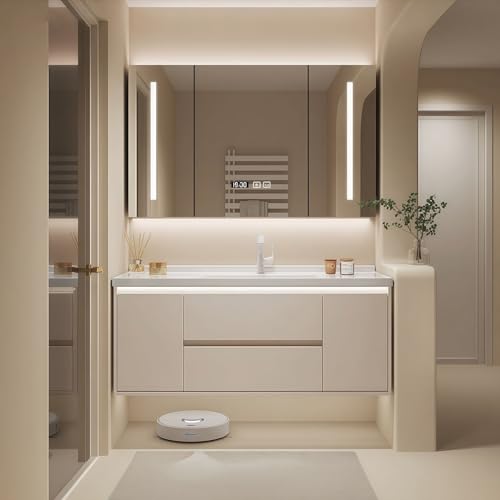 Modern Wall Mounted Floating Bathroom Vanity with Integrated Ceramic Sink, No Assembly Required, Hanging LED Intelligent Lighted Sensor and Demisting Mirror, Cabinet Spaces
