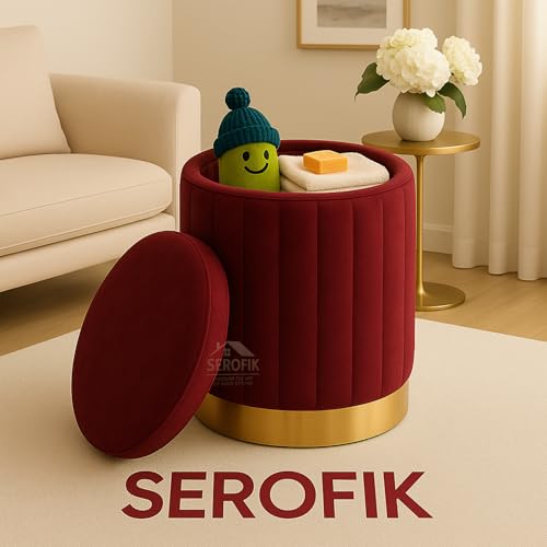Image of Ottoman Stool with Storage, Round Dutch Velvet Cover Memory Foam Padded 32L Capacity Ottoman Bench Footrest, Pouffe, Office Stool, Makeup Chair, Vanity Chair for Living Room, Bedroom