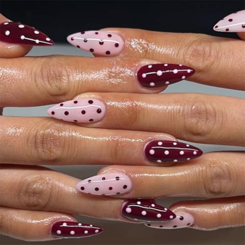 Polka Dot Press on Nails Almond Fake Nails Medium Pink Nails Press ons with Design Full Cover Glossy Stick on Nails for Women Manicure,Reusable | Artificial | Nail Sticky Tabs | Easy Apply | 24 Pcs