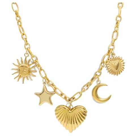 iSPECIAL Handmade 18K Gold Paperclip Charm Necklace For Women Cute Dog Cat Ocean Moon Stars Western Themed Crystal Rhinestone Boho Charm Necklaces (Gold Heart Moon Stars Sun) Cover