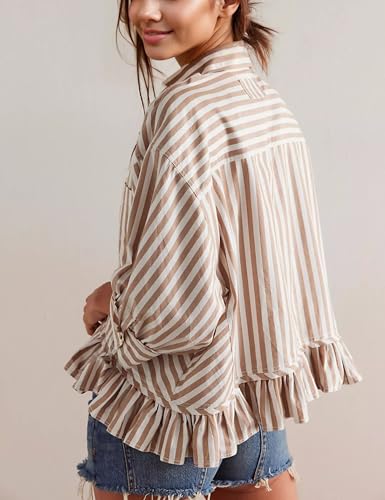 InterNos Womens Striped 3/4 Sleeve Blouse Loose V Neck Button Down Ruffled Hem Vertical Shirt Top with Pocket3