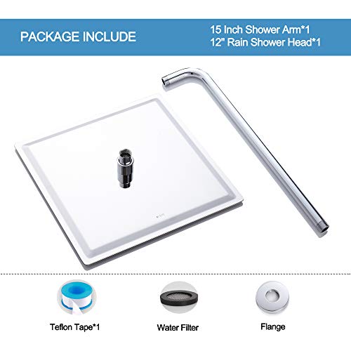 Square Rain Shower Head, High Pressure Rainfall Showerhead, Large Fixed Stainless Steel Polished Chrome Shower Rain, 12 Inch Rainhead and 15 Inch Extension Arm