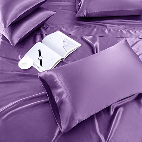 Treely Satin Bed Sheets 6 Piece,Hotel Luxury Silky Queen Sheet Set With Deep Pocket, Fitted Sheet - Purple Queen Size Satin Sheets,1 Flat Sheet,4 Satin Pillowcase - Soft And Breathable #TOP2