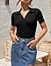 ZESICA Women's Short Sleeve V Neck T Shirts 2025 Summer Ribbed Knit Slim Fitted Basic Solid Color Tee Tops,Black,Large