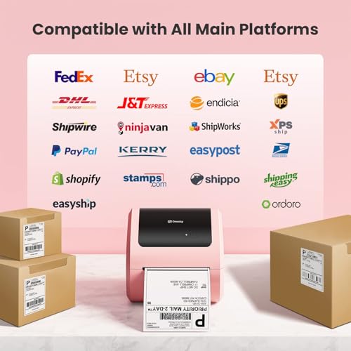 Image of Bluetooth Shipping Label Printer with 1 Roll Labels - D520BT Pink Thermal Label Printer, Thermal Printers with Built-in Label Holder, Come with 500PCS 4x6 White Labels (500 Labels /Roll)