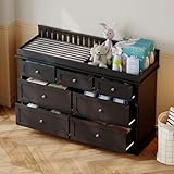 WOODTIME Nursery Dresser with Diaper Changing Tray, Baby Kids Dresser Changing Table with 7 Drawers & Carved Pattern for Nursery Bedroom Living Room, Black, 19.3' D x 56.5' W x 40' H