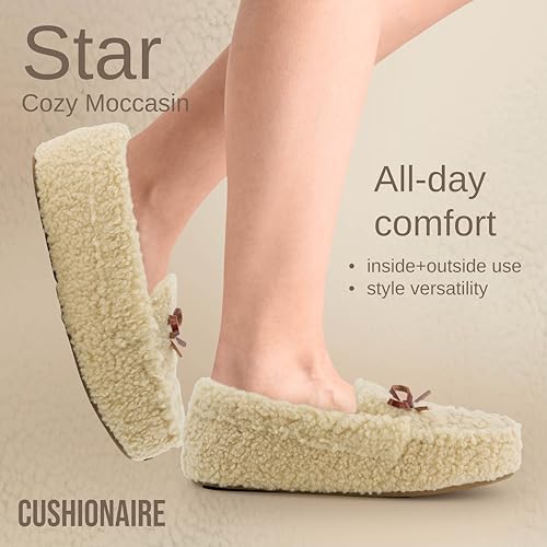 CUSHIONAIRE Star Women’s Faux Sherpa Moccasin Slippers – Cozy Indoor/Outdoor Slip-On with Memory Foam & Durable Rubber Sole, Wide Widths Available2