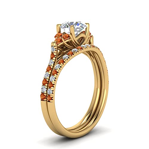 Image of Choose Your Gemstone Round Cut Petite Cathedral Wedding Ring Set Yellow Gold Plated Round Shape Wedding Ring Sets Matching Jewelry Wedding Jewelry Easy to Wear Gifts US Size 4 to 12