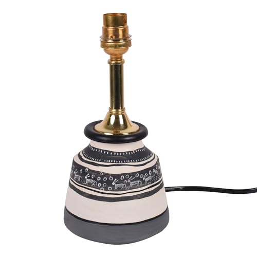 Image of AAKRITI ART CREATIONS Terracotta Table Lamp for Study Room, Bedroom & Living Room Decoration | Warli Black Pottery Floral Bedside Lamp with Cotton Fabric Shade | Aesthetic Night Lamp