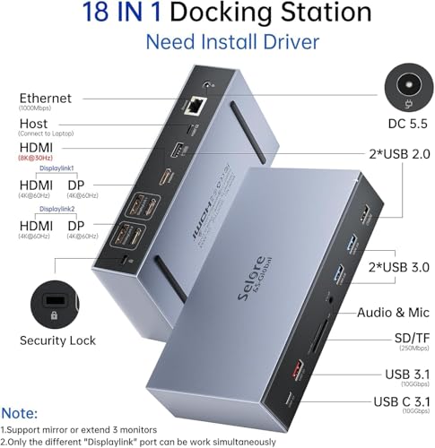 Image of Selore&S-Global Displaylink Docking Station 3 Monitors for MacBook M1 /M2 /M3 /Windows, Dual Triple Display Link USB C Dock with 3 HDMI, 2 DP, DC Power, USB A&C, Ethernet,DC Power for Dell /HP /Lenovo