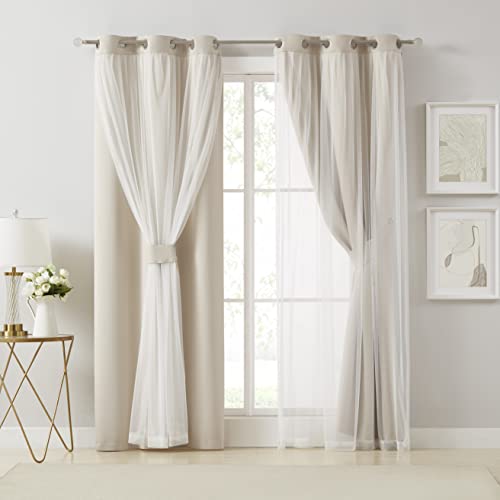 Image of Bujasso Beige 80% Blackout Curtains with Sheer Overlay Mix and Match Double Layer Thermal Insulated Window Panels 63 inch for Living Room Bedroom Beige Drapes with Tiebacks Grommet Top 37 inch Wx63 Lx2