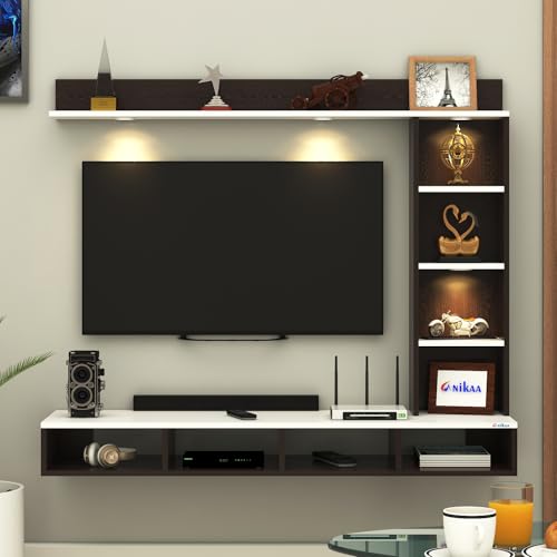 Image of Anikaa Briza Engineered Wood Wall Mounted TV Unit with 4 LED Lights, 9 Open Display Boxes & Shelf Design for Living Room | Ideal for Upto 43 Inch TV- Wenge /White(DIY Installation)
