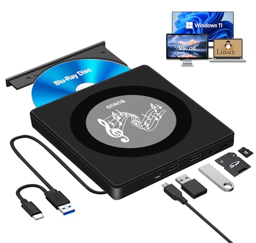 External Blu Ray CD DVD Drive, USB Blu Ray Drive External Bluray Burner Read/Write BD Player with 2 USB and TF/SD Slots, Optical Blue Ray CD DVD Reader for Laptop Apple PC Windows 11 MacBook Pro Air