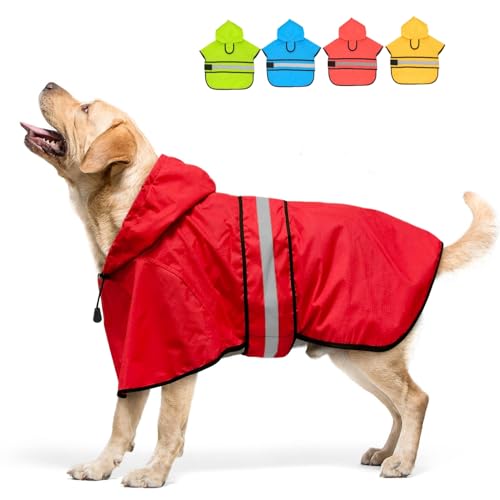 Image of Candofly Dog Raincoat Hooded Poncho - Adjustable Waterproof Dog Rain Jacket Lightweight Reflective Dog Rain Coat Pet Slicker for Small Medium Large Dogs (X-Large, Bright Red)