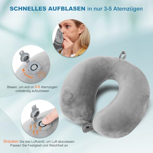 Cirorld Nackenkissen Flugzeug Aufblasbar, Reisekissen Flugzeug Nackenkissen, Nackenhörnchen Erwachsene, Aufblasbares Reisekissen mit Augenmaske und Ohrstöpsel(Grau) 2
