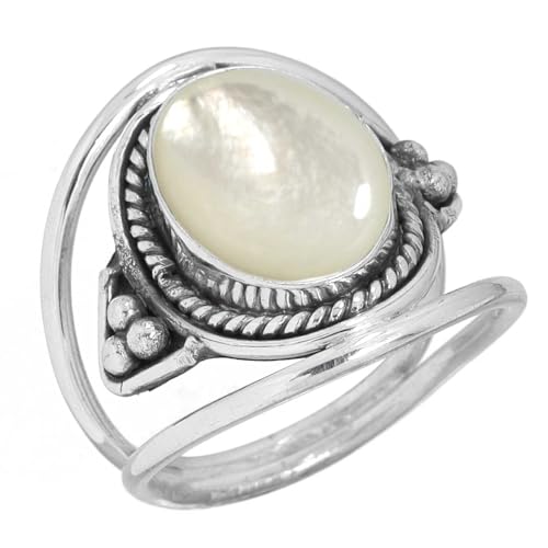 Jeweloporium Nacre Blanche Bague en Argent Superposé Taille 54.5, Bague en Argent .925 pour Femme, Pierre Ovale Naturelle Bijoux Faits à la Main