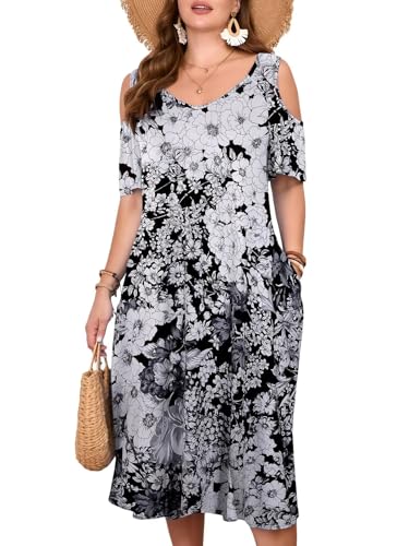 Image of LARACE Plus Size Women Dress for Summer, Midi Women's Sundress, Casual V-Neck Short Sleeve Flowy T-Shirt Dresses with Pockets