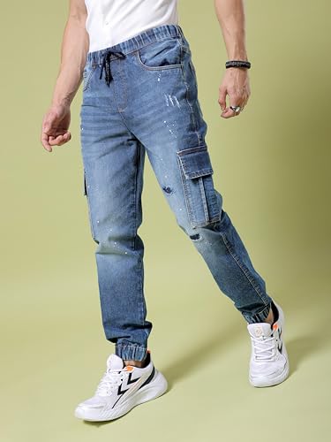 Image of The Indian Garage Co Men Regular Fit Solid Mid-Rise Stretchable Denim Cargo Joggers